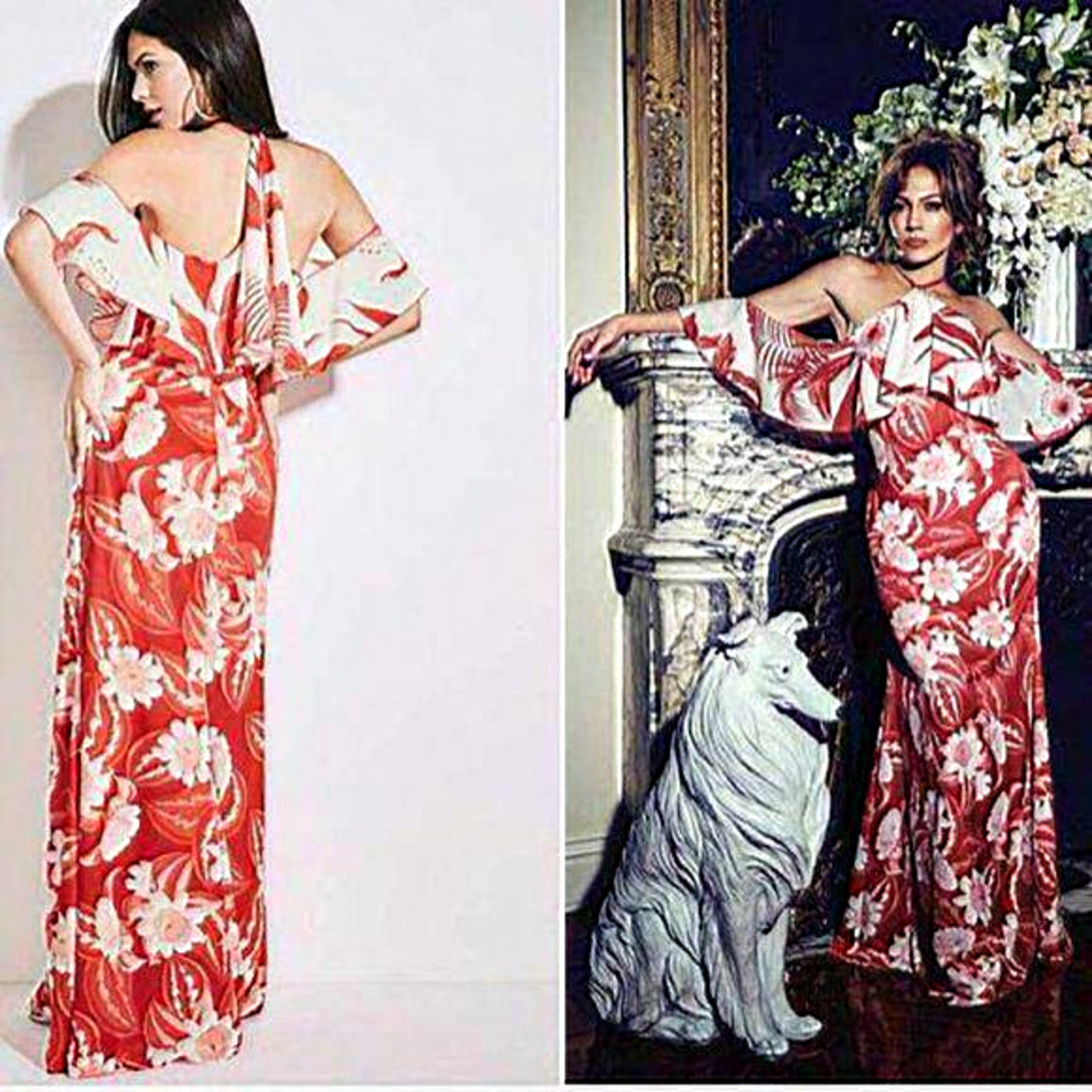 NWT Jenifer Lopez for Marciano Ruffle Long Red Floral Maxi Dress Women‎ Size XS